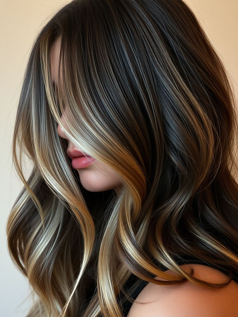 Cool-toned ashy blonde highlights painted through dark brown hair
