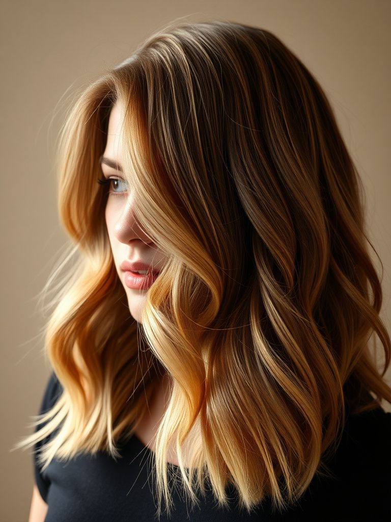 Bold chunky blonde highlights creating retro-inspired contrast in brown hair