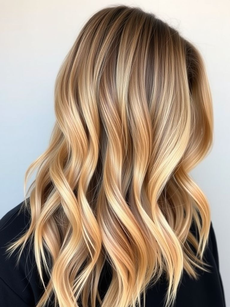 Complex multitonal blonde balayage with various shades throughout brown hair