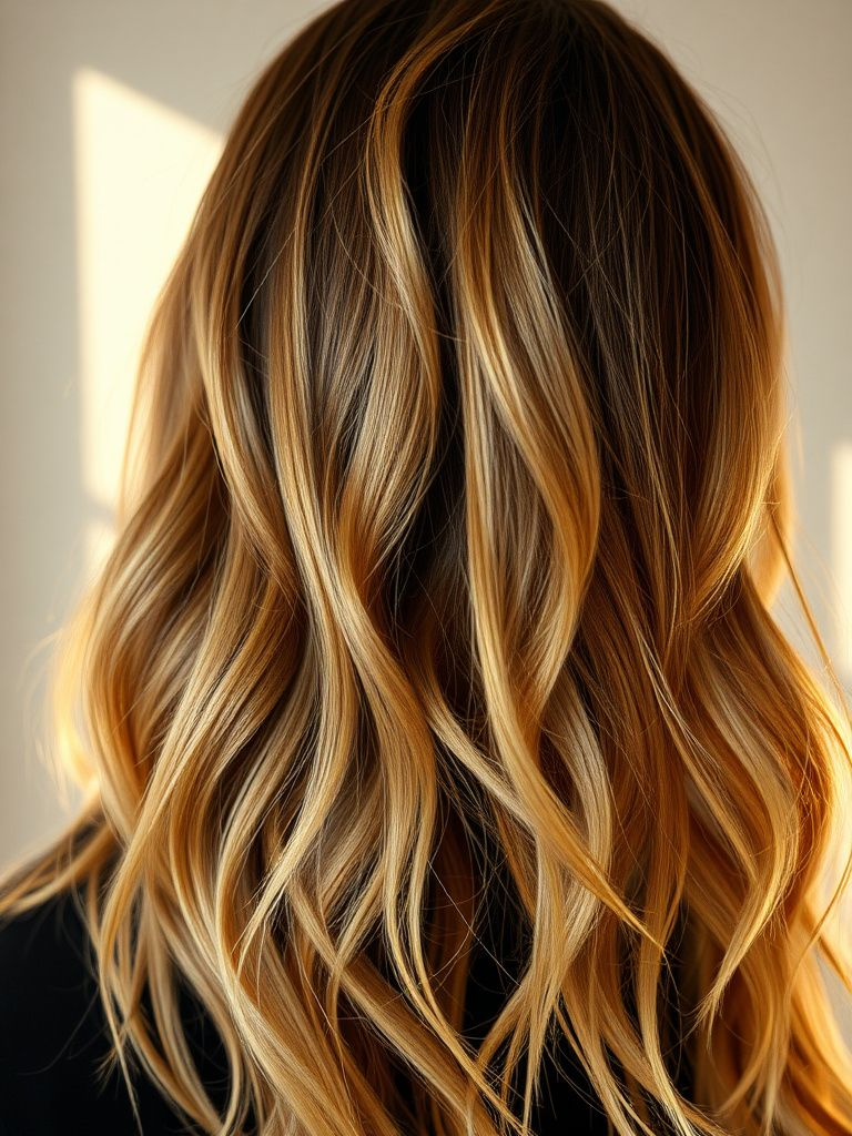 Frosted blonde highlights creating an all-over lightening effect in brown hair
