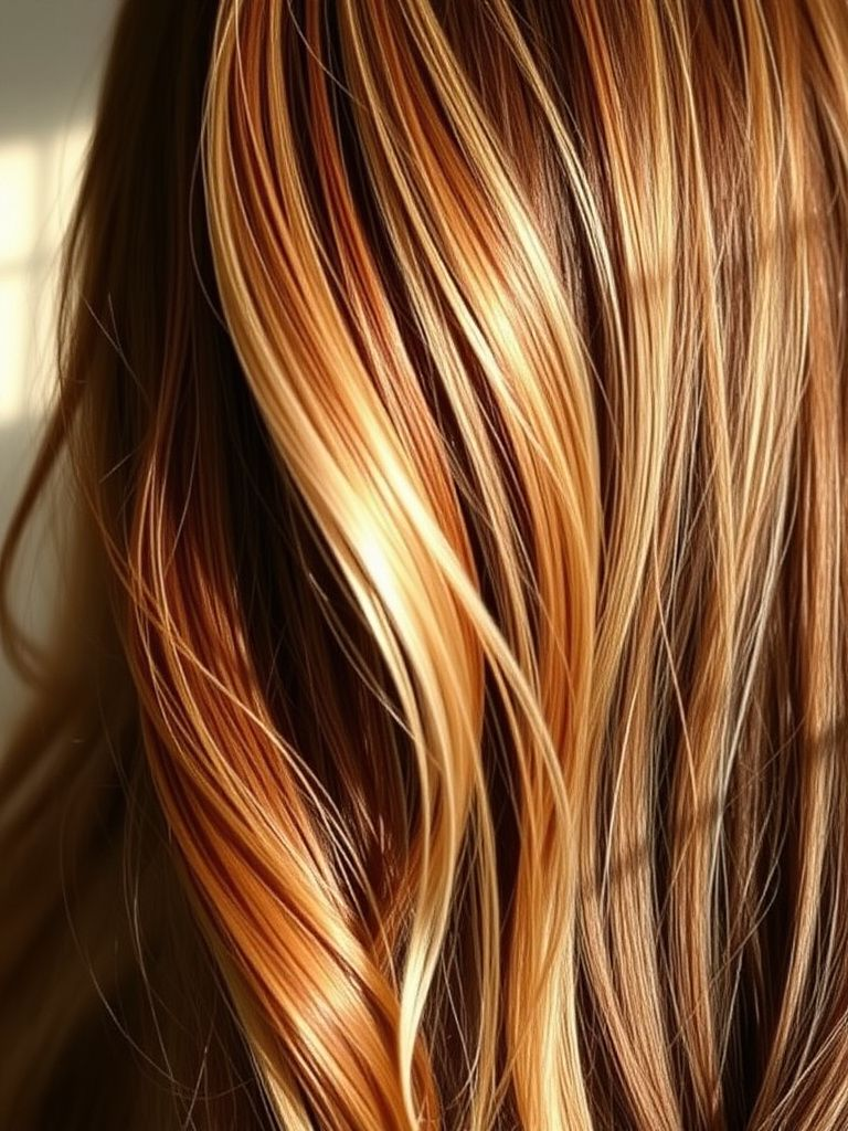 Creamy blonde streaks artfully placed through rich brown hair