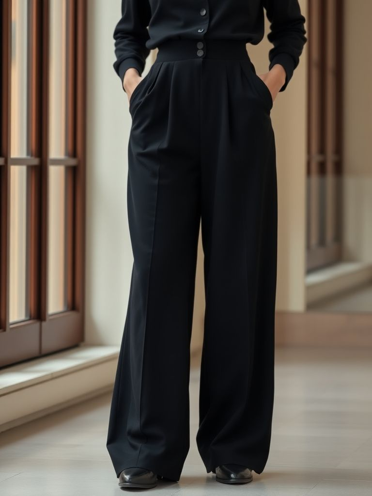 Black high-waisted wide leg trousers with pleated front detail