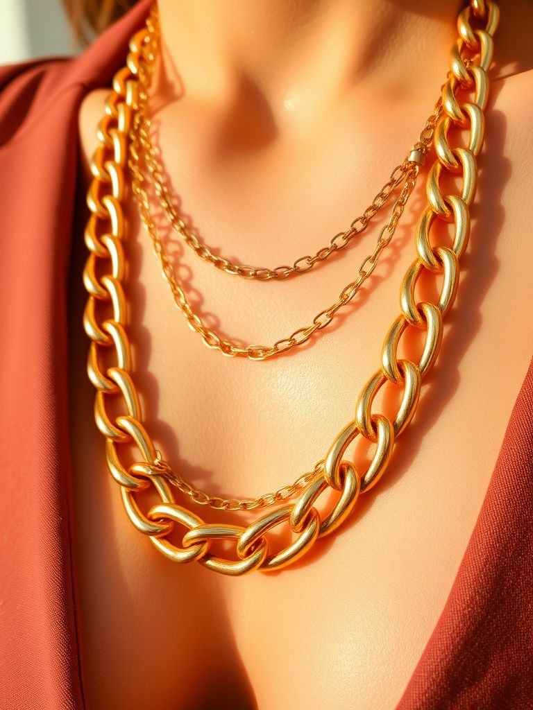 Layered chunky gold chain necklace with mixed link styles
