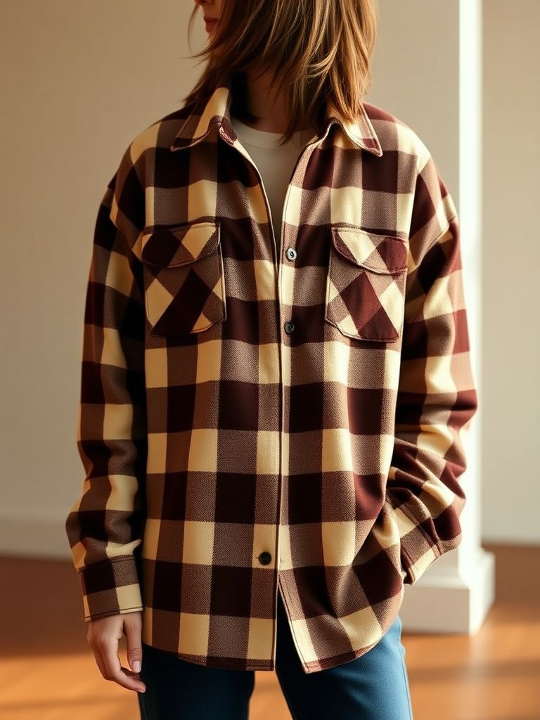 Oversized plaid flannel shirt jacket in brown and cream tones