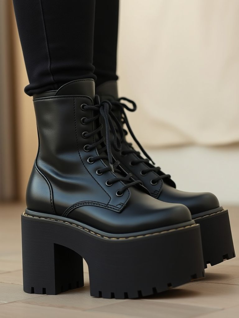 Black platform combat boots with chunky sole and lace-up front