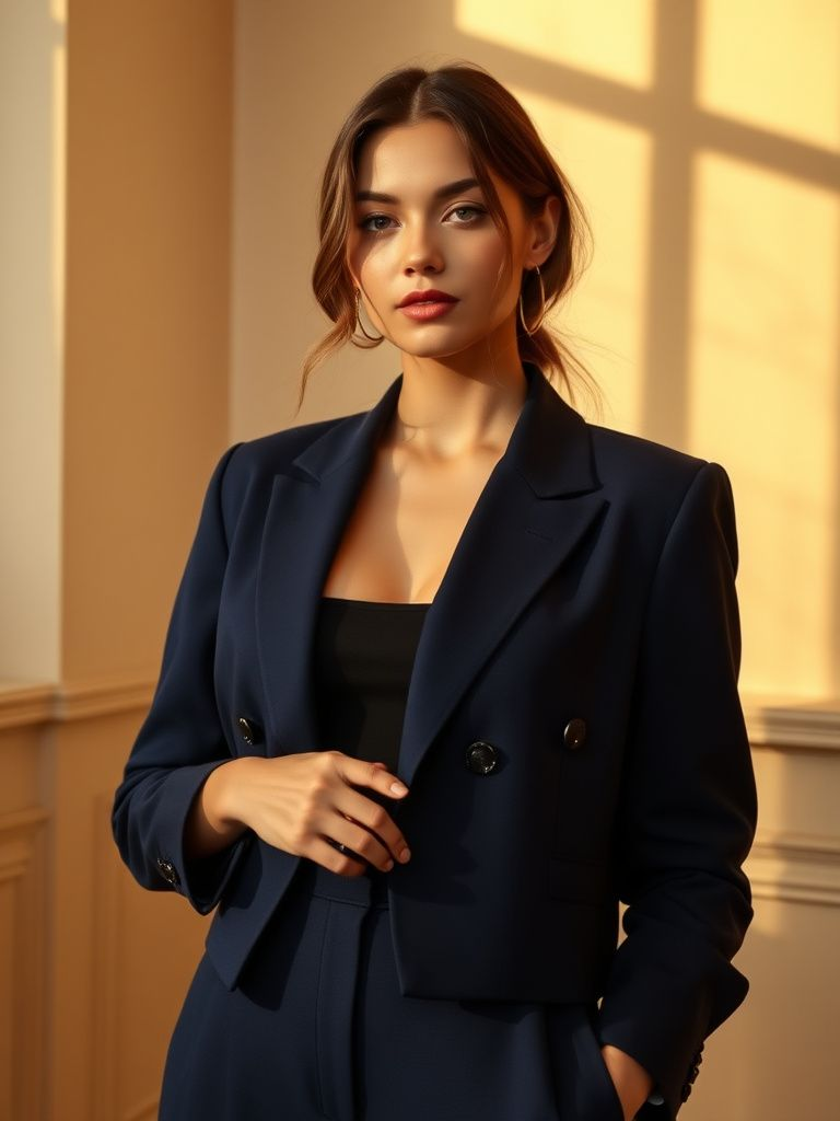 Structured cropped blazer in navy with notched lapels