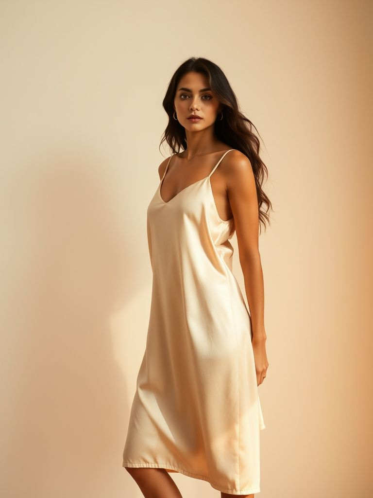 Midi-length satin slip dress in champagne with thin straps