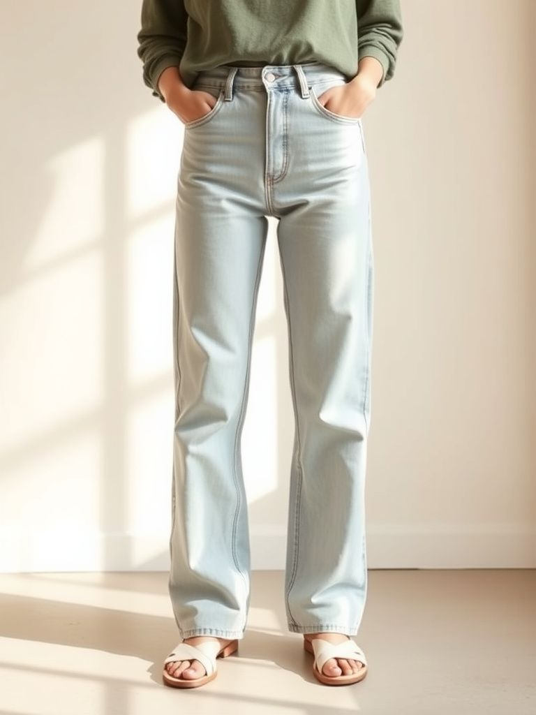 Light wash high-waisted mom jeans with relaxed fit through legs