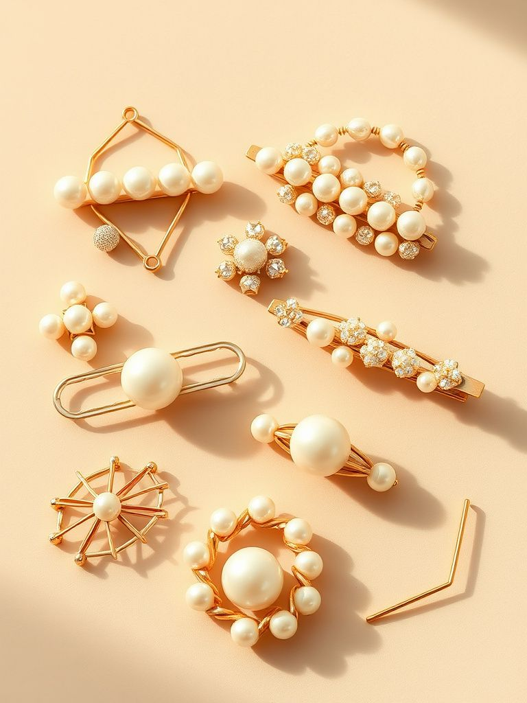 Set of pearl and gold hair clips in various geometric shapes