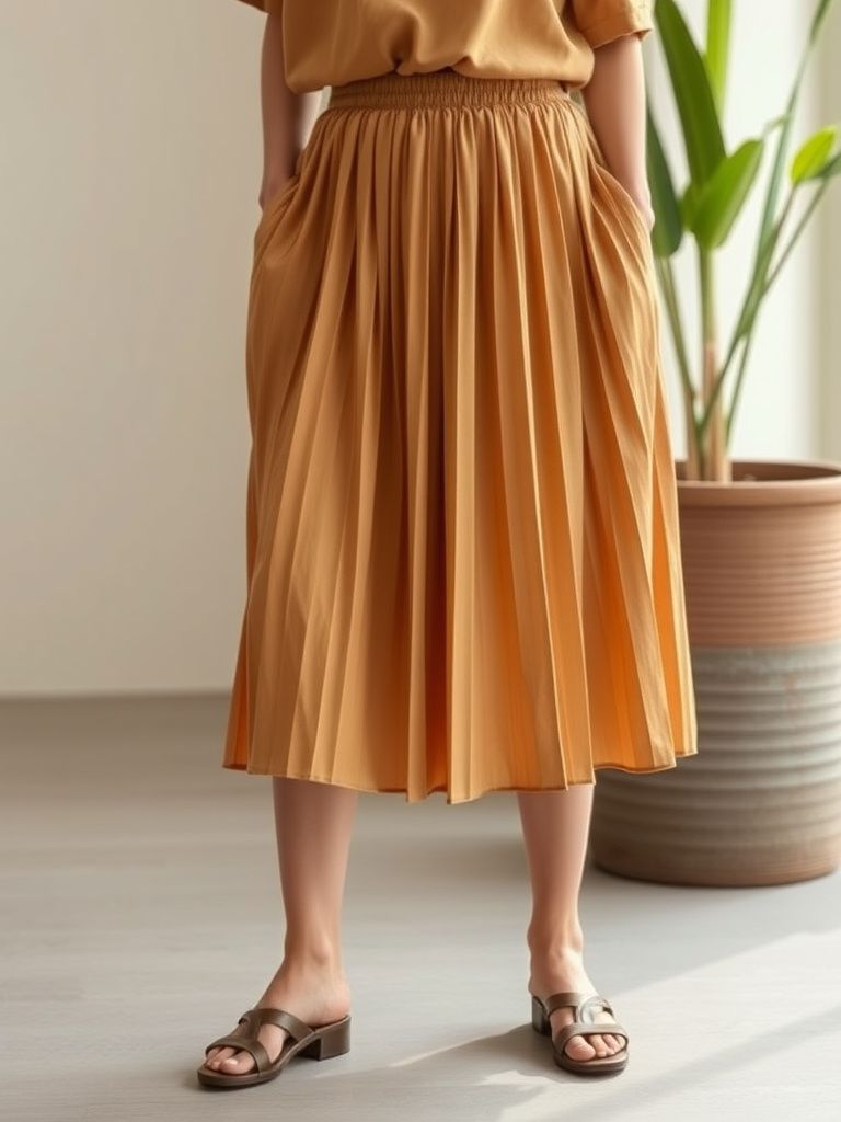 Camel-colored midi pleated skirt with elastic waistband