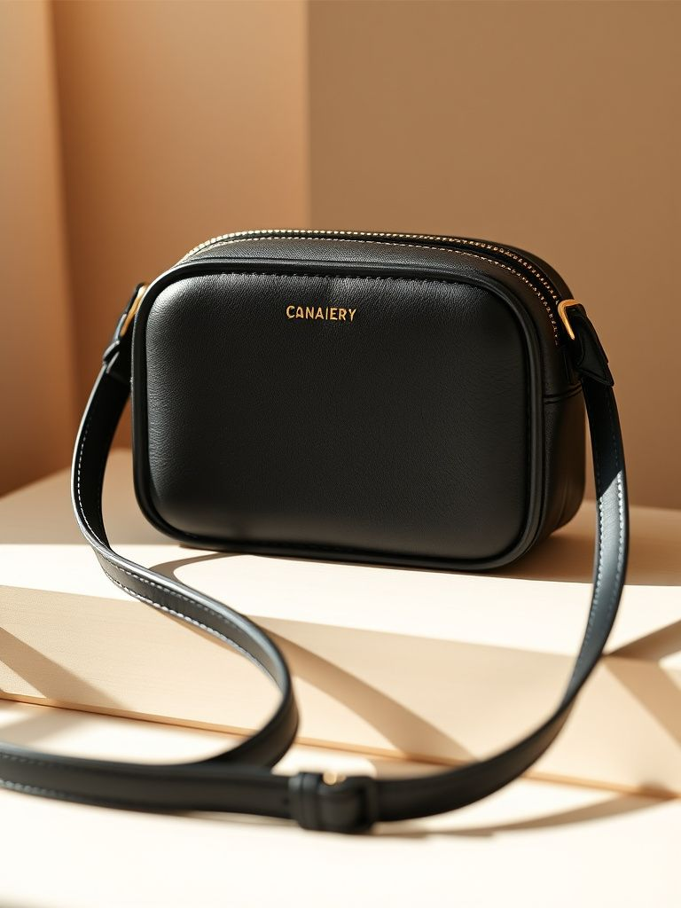 Structured crossbody camera bag in black with gold hardware