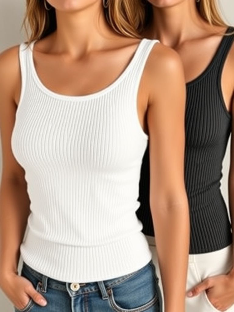 Set of three ribbed tank tops in white, black, and gray