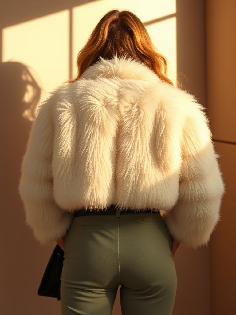 Cropped faux fur jacket in cream with hook closure