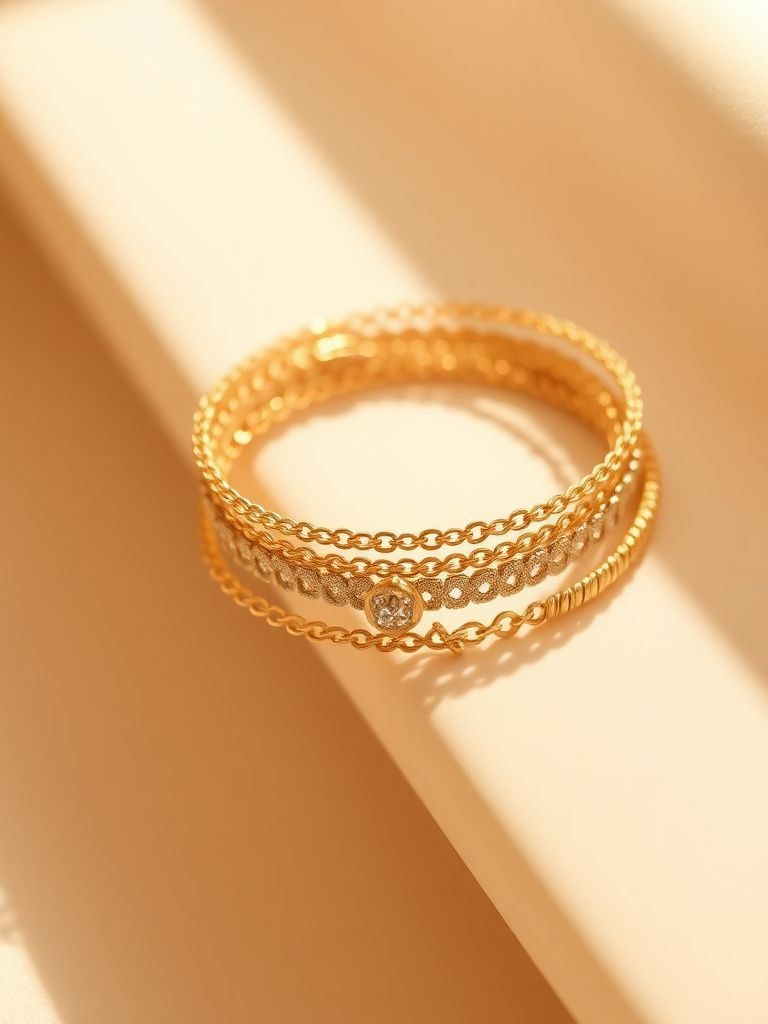Stack of delicate gold layering bracelets with different chain styles