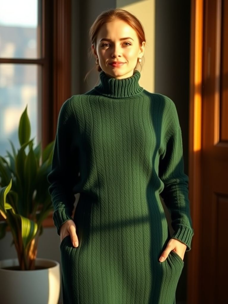 Midi-length turtleneck sweater dress in forest green with long sleeves