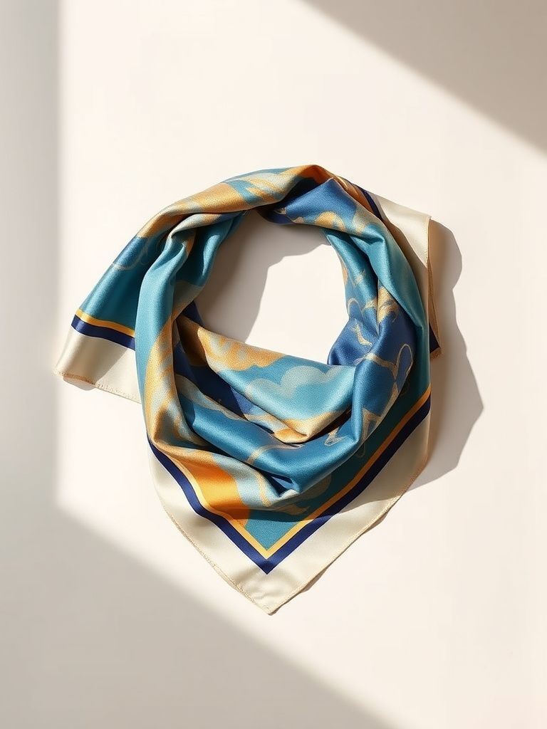 Square silk scarf with abstract print in blues and golds