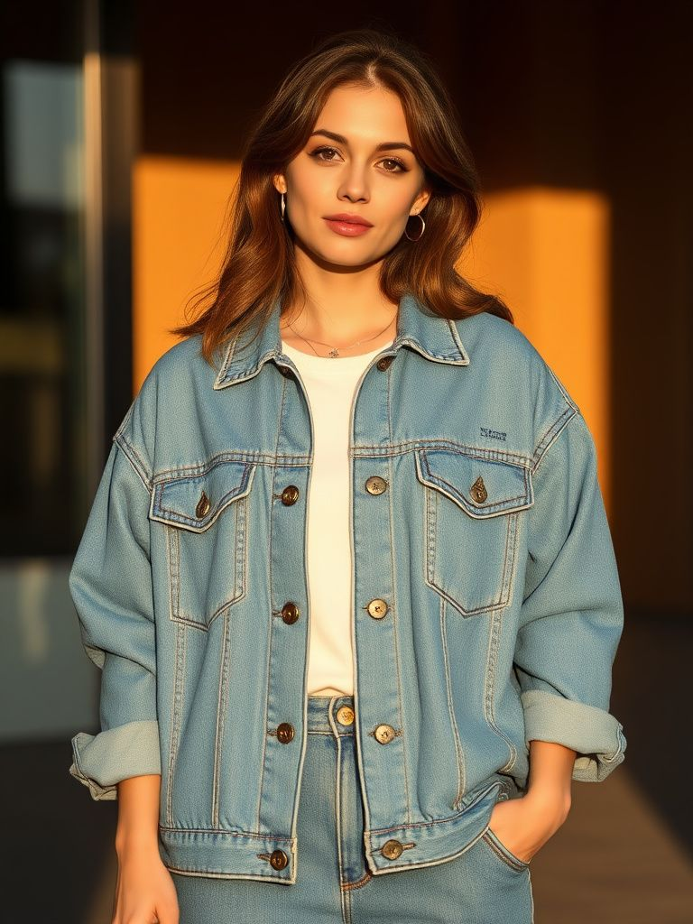 Classic oversized denim jacket in medium wash with chest pockets