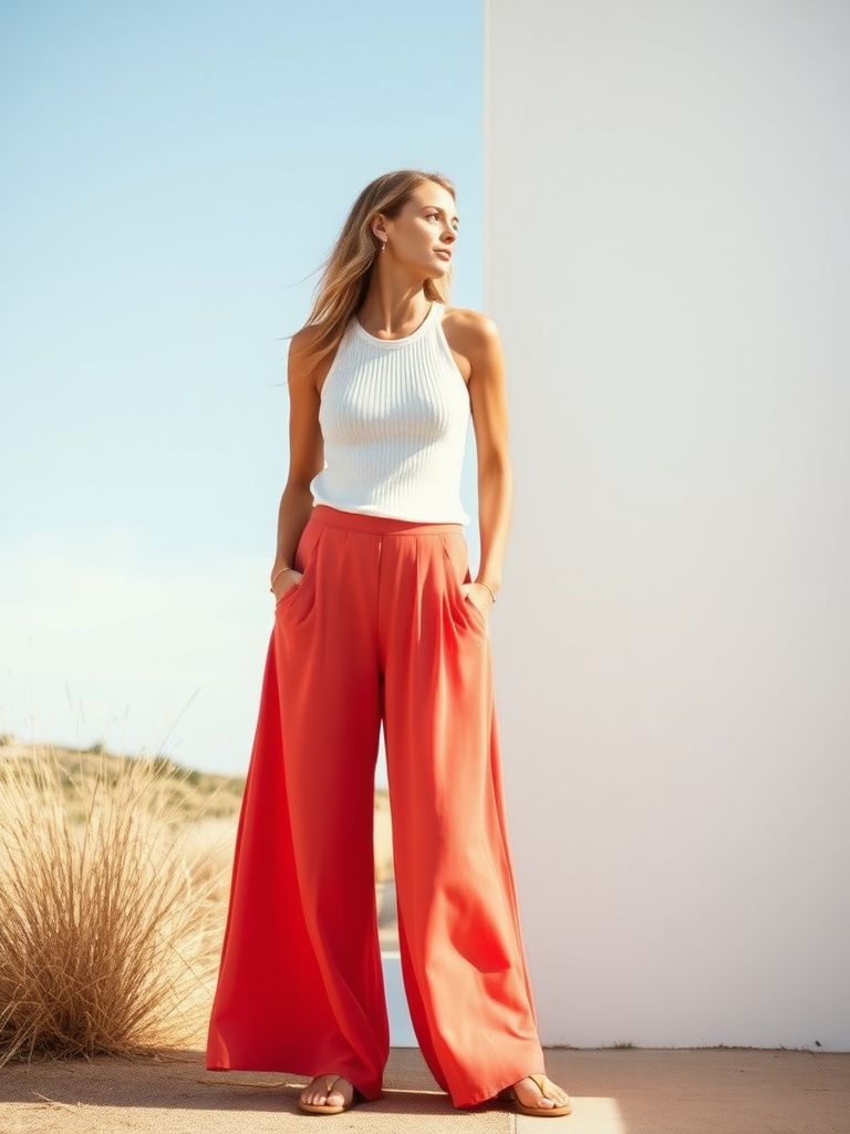 Flowy coral palazzo pants paired with a white ribbed tank top