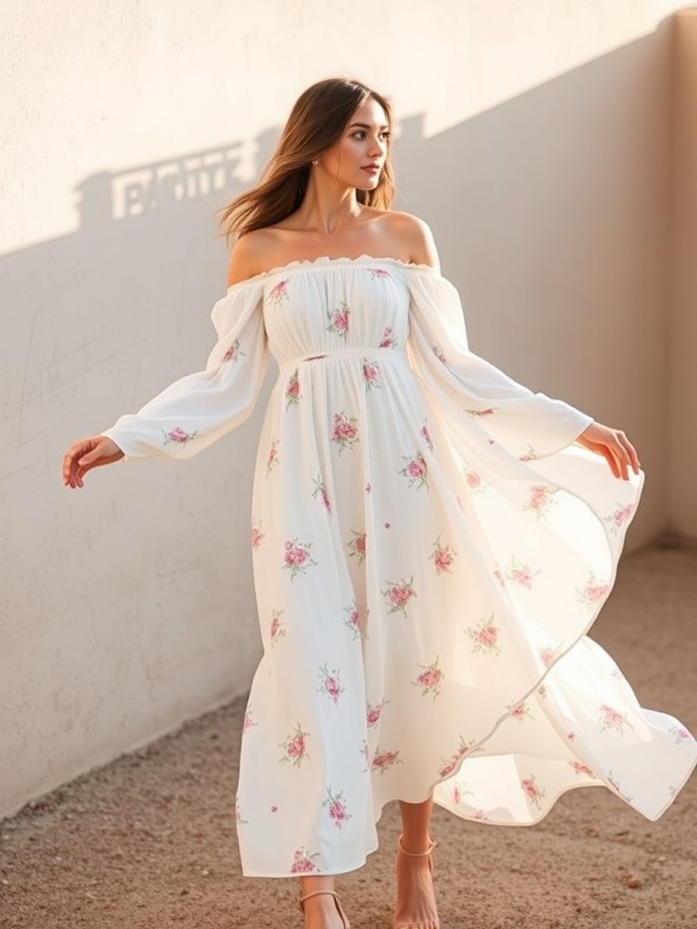 Flowing white off-shoulder midi dress with subtle floral print