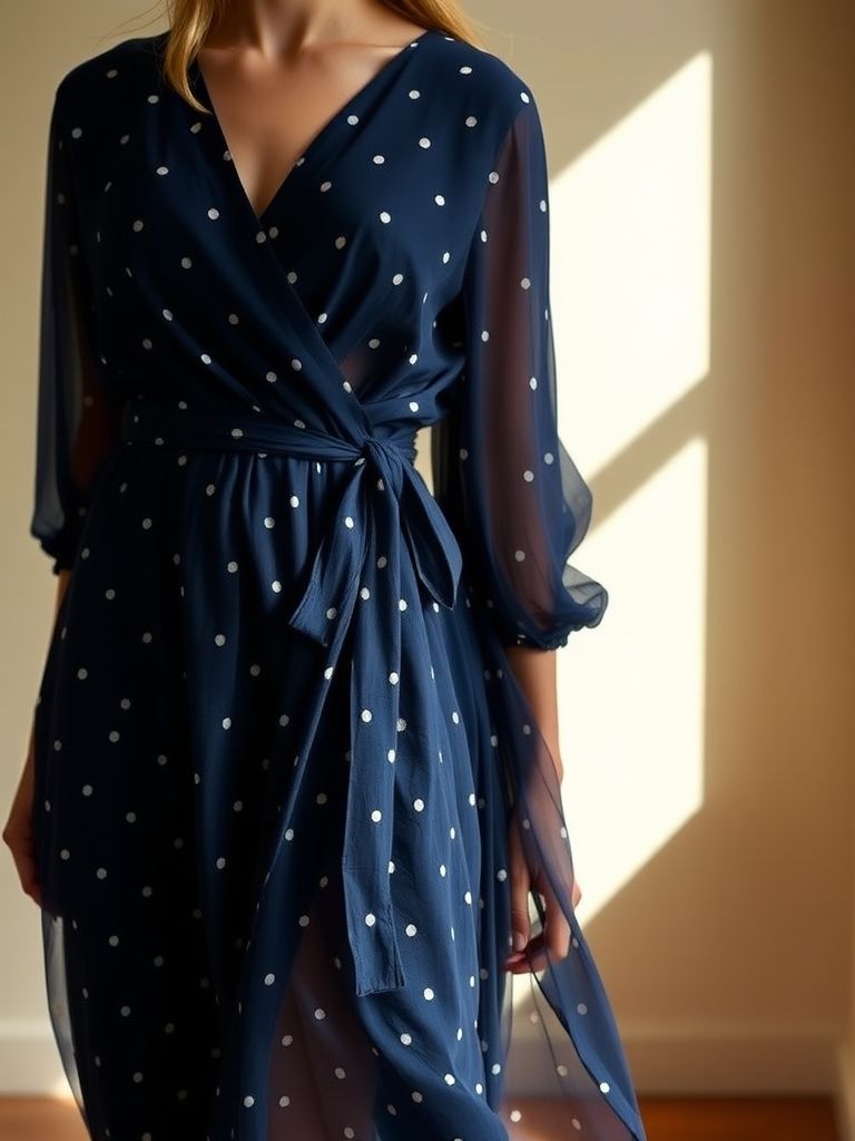 Navy blue wrap dress with small white dots in flowing chiffon fabric