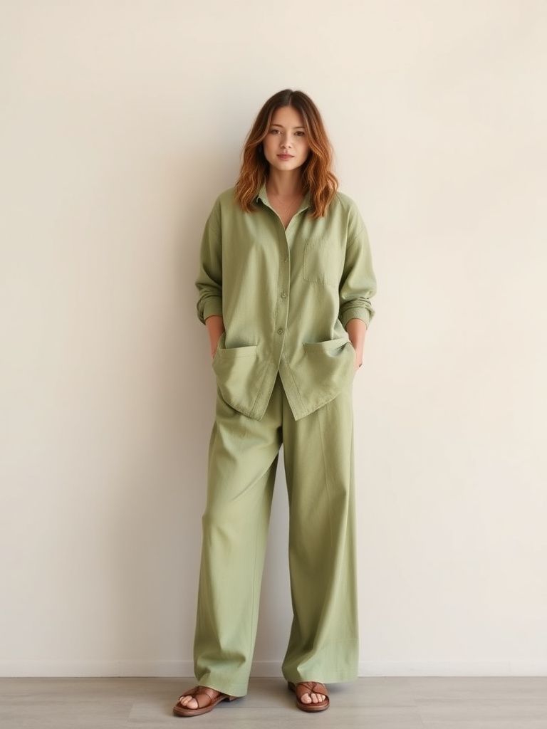 Sage green linen matching set with relaxed button-up shirt and wide-leg pants
