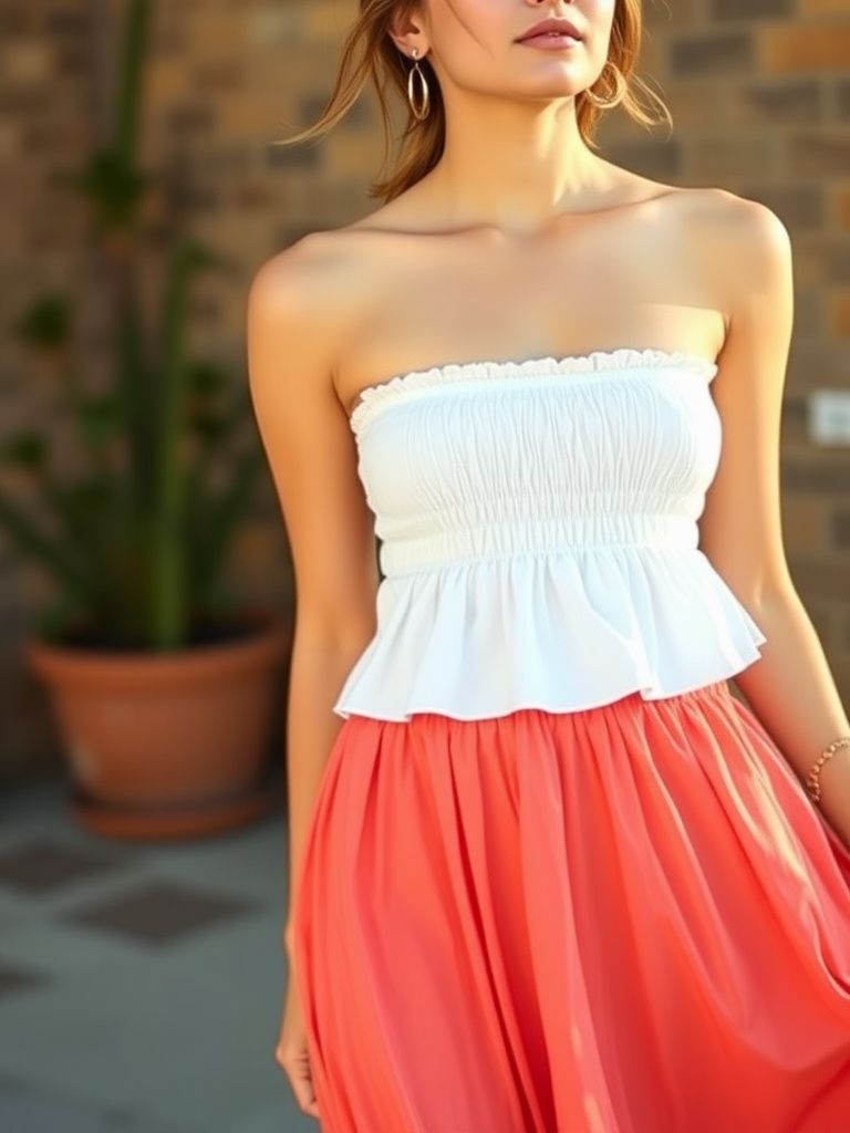 White smocked bandeau tube top paired with a coral colored flowy midi skirt