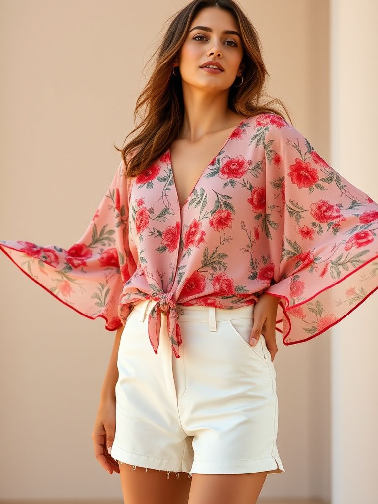 Flowy floral kimono-style top with wide sleeves paired with white high-waisted shorts