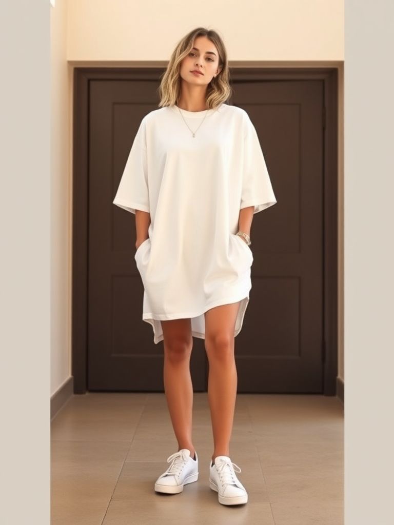 Oversized white cotton t-shirt dress with sneakers for a casual comfortable look