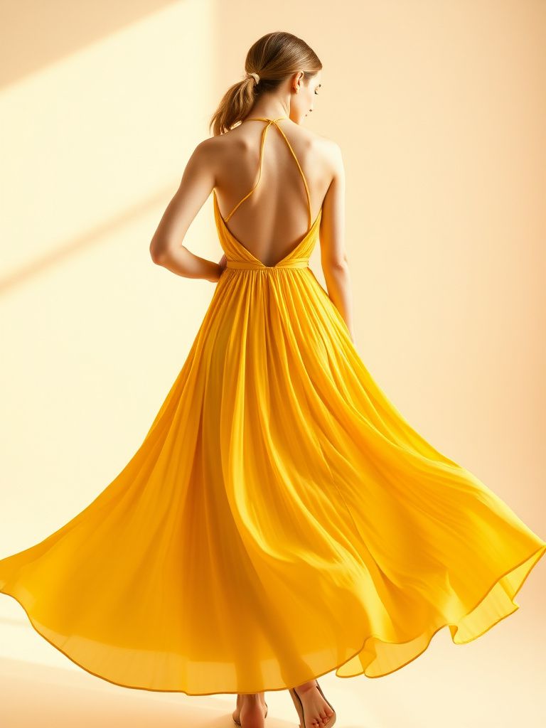 Flowing yellow halter dress with an open back and midi length hem