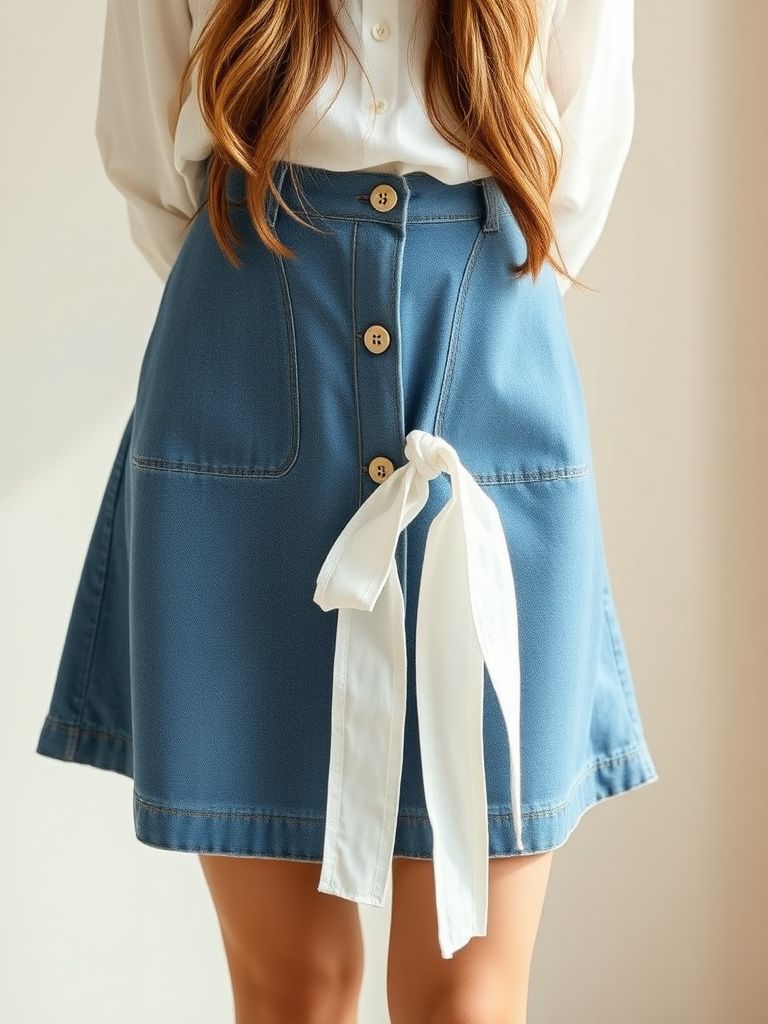 Denim button-front A-line skirt paired with a white cotton shirt tied at the waist