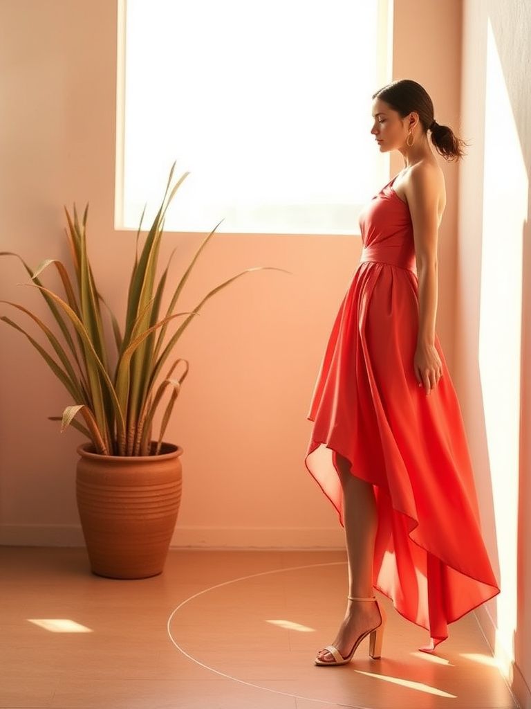 Coral colored asymmetrical hem dress with one shoulder design and flowing fabric
