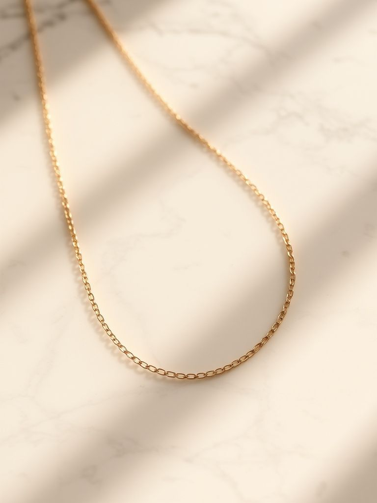 Thin gold chain necklace 16-18 inches long on marble surface