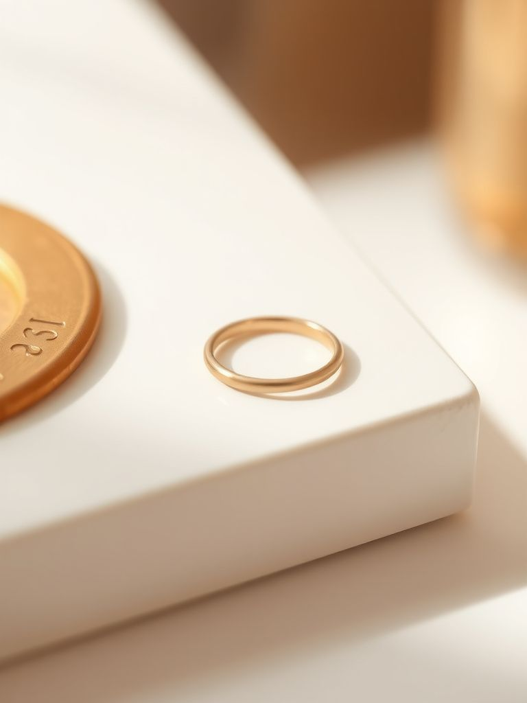 Simple thin gold band ring on clean white surface