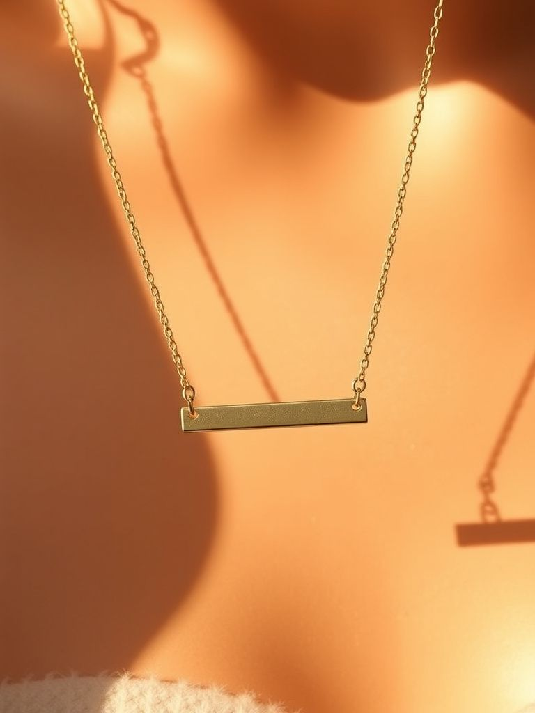 Horizontal gold bar pendant necklace on delicate chain