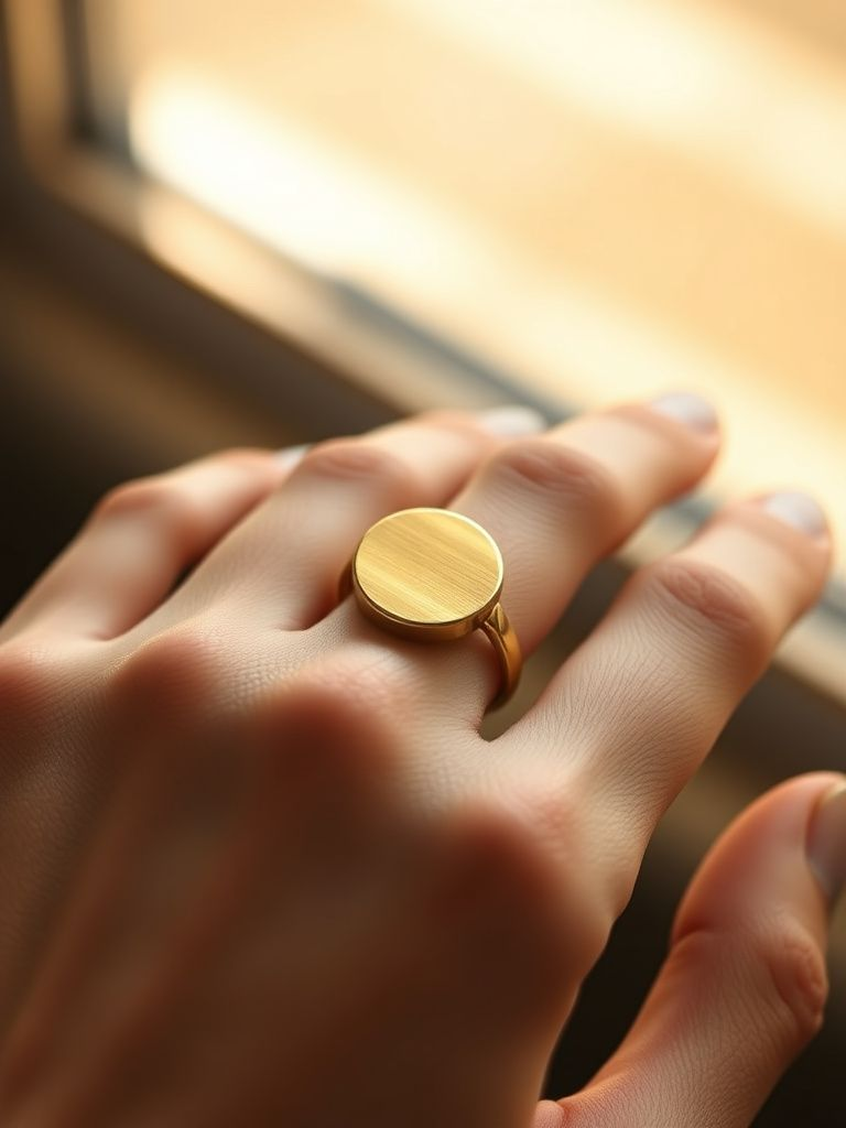 Classic gold signet ring with smooth face on ring finger