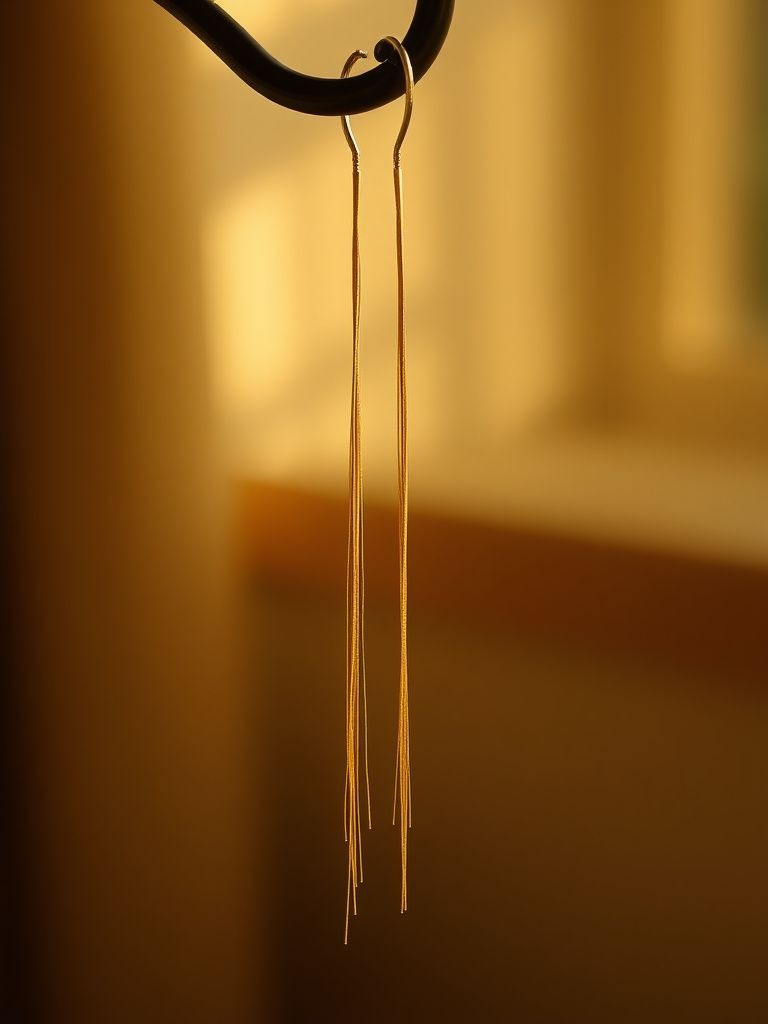 Long thin gold threader earrings hanging elegantly