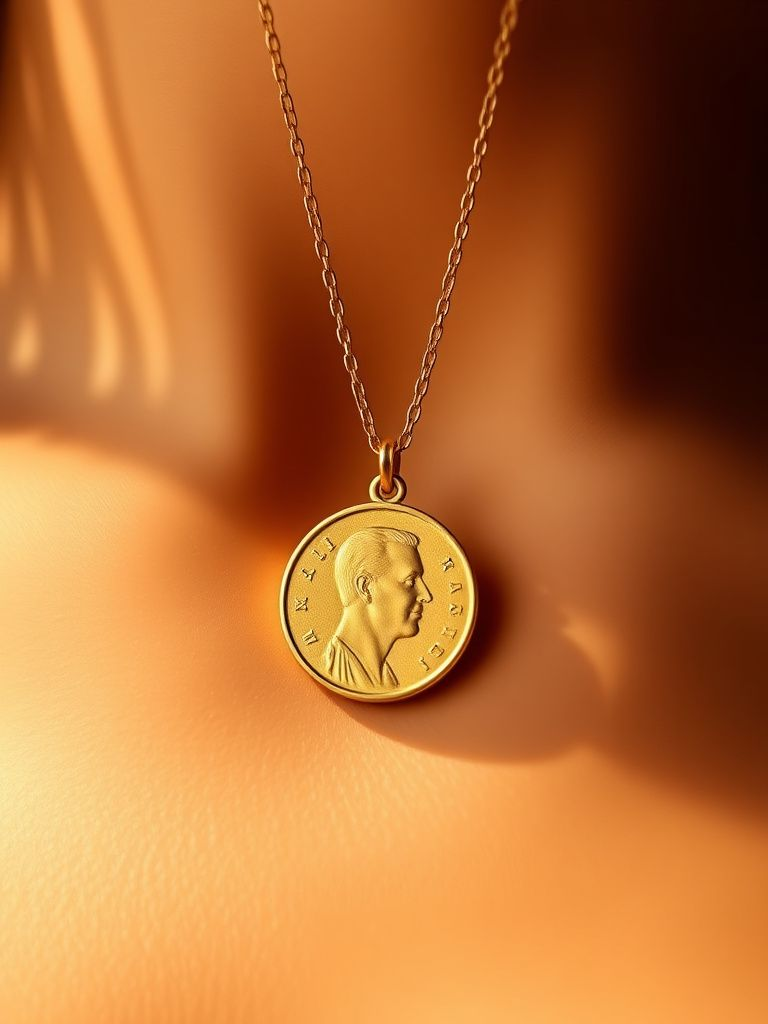 Round gold coin pendant necklace with smooth or textured surface