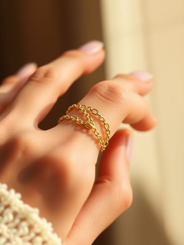 Delicate chain design gold ring wrapping around finger