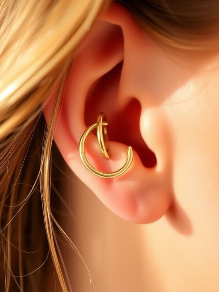 Gold ear cuff wrapping around ear cartilage, no piercing needed