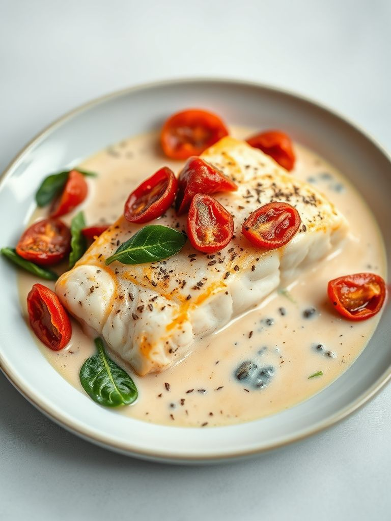 Flaky salmon in creamy sauce with sun-dried tomatoes and spinach