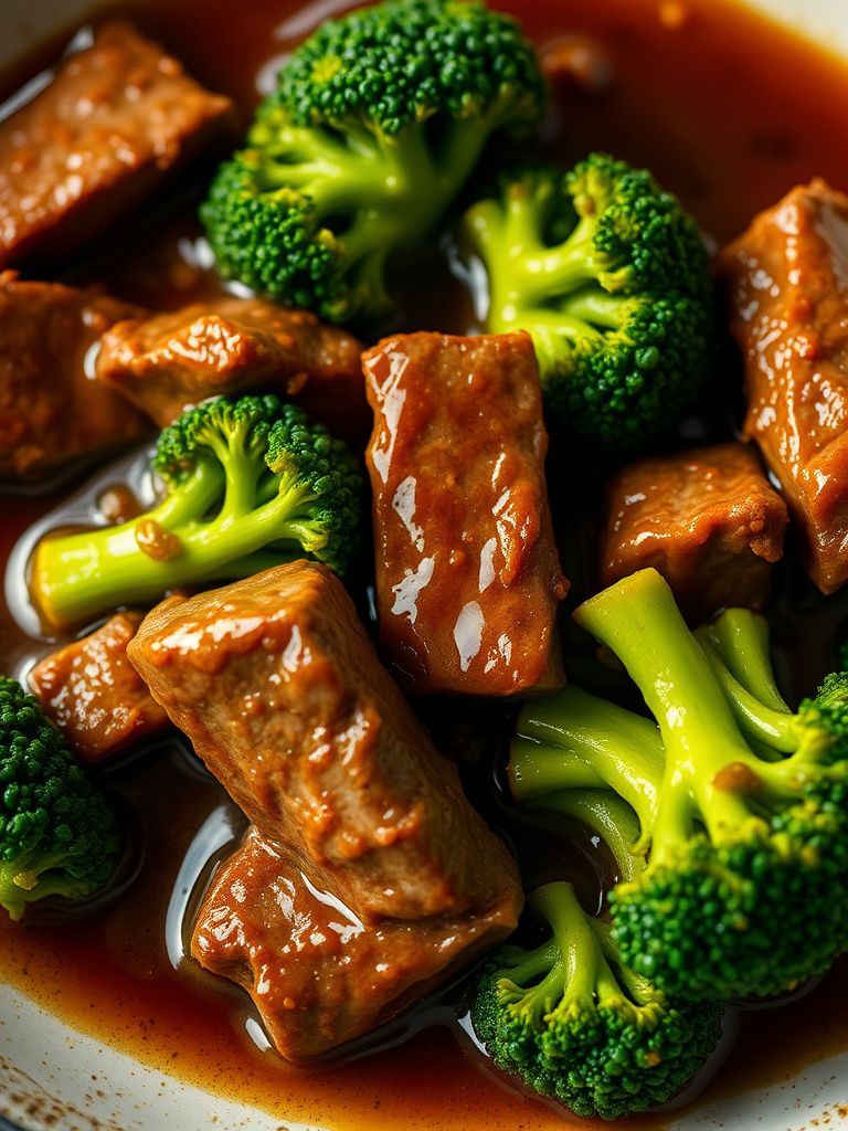 Tender beef strips with crisp broccoli in glossy brown sauce