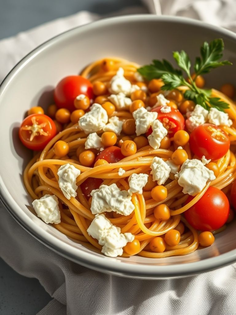 Colorful pasta with chickpeas, cherry tomatoes, and crumbled feta