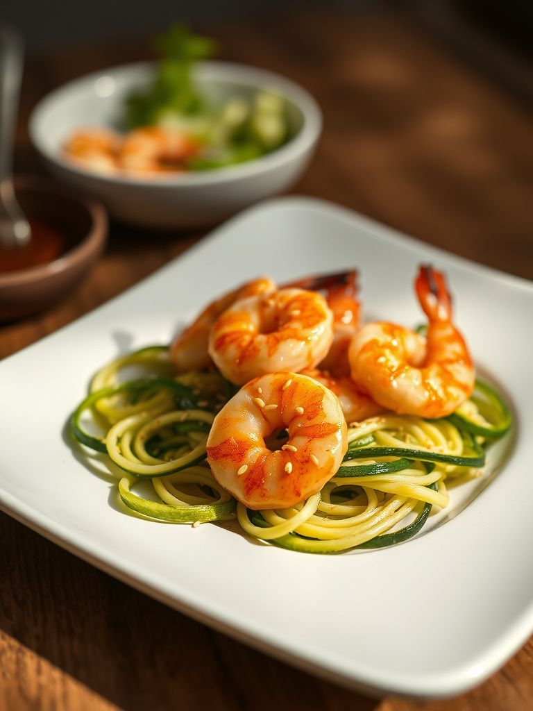 Glazed shrimp over spiralized zucchini with sesame seeds