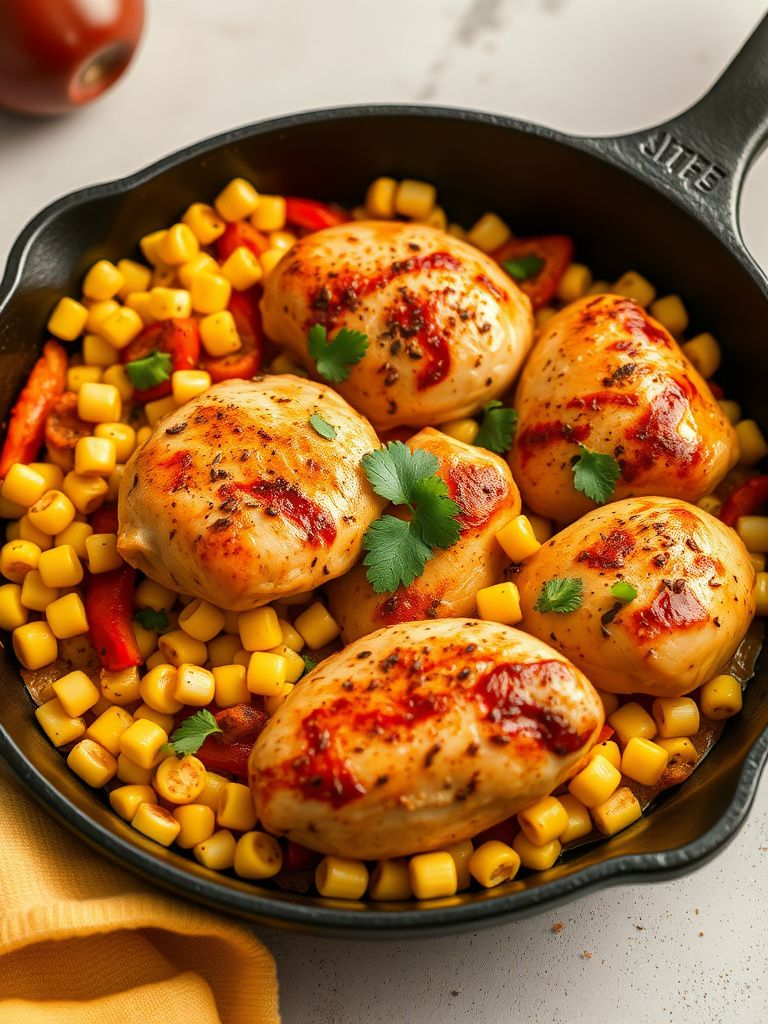 Seasoned chicken with corn, peppers, and Mexican spices in cast iron skillet