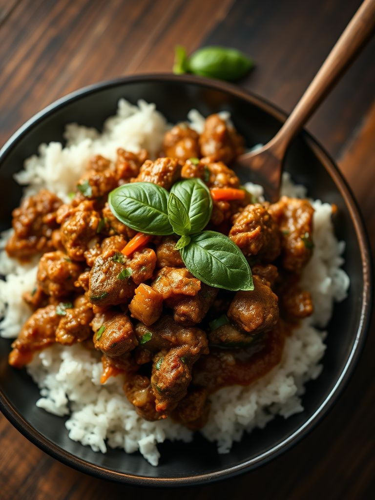 Aromatic ground pork stir-fry with fresh basil over steamed rice