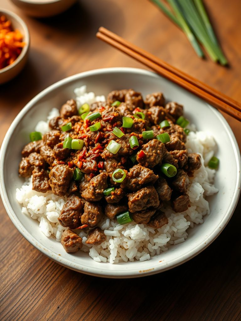 Seasoned ground beef over rice with kimchi and scallions