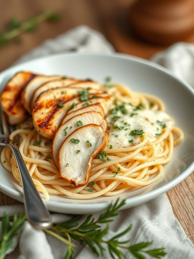 Creamy orzo pasta with herbs and sliced grilled chicken