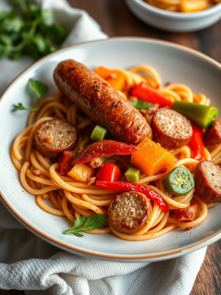 Spicy sausage with colorful bell peppers tossed in pasta