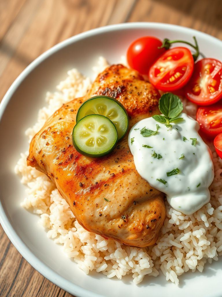 Seasoned chicken with cucumber, tomatoes, and tzatziki over rice