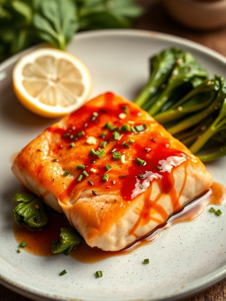 Glazed salmon fillet with tender baby bok choy